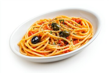 Delicious spaghetti dish served in an oval bowl with tomato sauce garnished with herbs and olives fresh cuisine