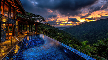Fototapeta premium Serene sunset over a luxurious hillside villa with a pool, surrounded by lush greenery