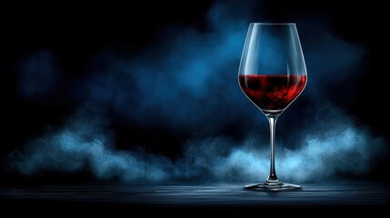 A dark, moody shot of a wine glass filled with red wine, surrounded by a blue mist, creating an atmospheric and elegant ambiance.