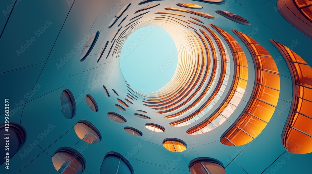 Poster a unique circular hole in a modern building showcasing innovative architectural design elements and 