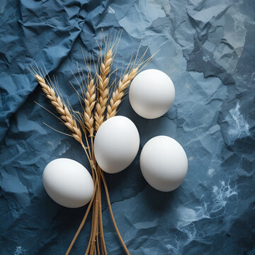 White eggs with dry wheat stems flat lay on blue charade and gray gunsmoke colored organic crumpled texture tea towel, napkin, fabric abstract background.