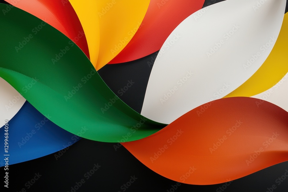 Poster abstract composition of vibrant color paper curves on dark backdrop expressing dynamic artistry and 