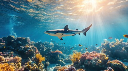 Shark Reef Sunlight Ocean Coral Tropical Underwater Wildlife