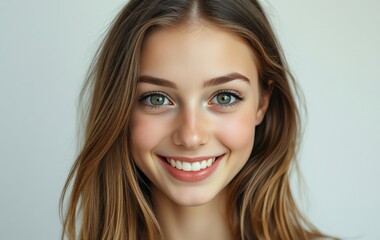 Naklejka premium Cheerful Young Woman with Beautiful Smile and Blue Eyes on Neutral Background