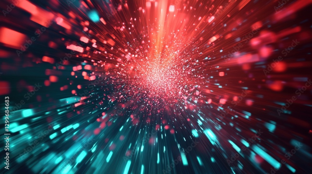 Poster abstract light streaks and particles are radiating outwards from a central point, creating a dynamic