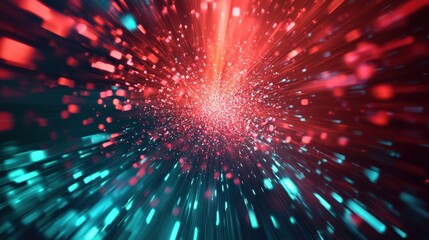 Abstract light streaks and particles are radiating outwards from a central point, creating a dynamic and energetic visual effect with a vibrant color scheme of red and teal