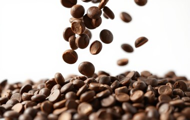 Obraz premium Freshly Roasted Coffee Beans Falling on Rich Ground Blend Background