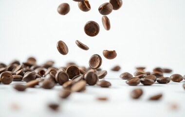 Naklejka premium Fresh Coffee Beans Falling Against a Light Background for Coffee Lovers