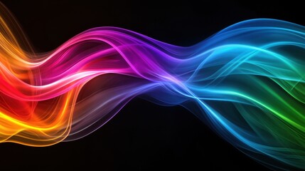 An abstract digital art piece of smooth, flowing light trails in a spectrum of rainbow colors against a black background. 