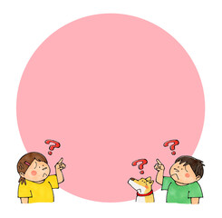 指差す子供と犬(疑問)　コピースペース(ピンク)