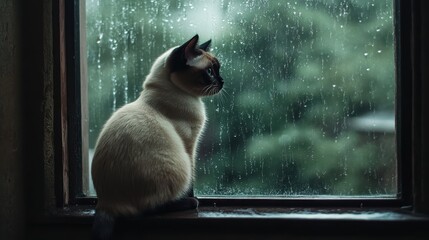 Cat watching rainfall from window cozy indoor setting nature scene calm atmosphere side view reflection on life