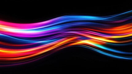 An abstract digital art piece of smooth, flowing light trails in a spectrum of rainbow colors against a black background. 