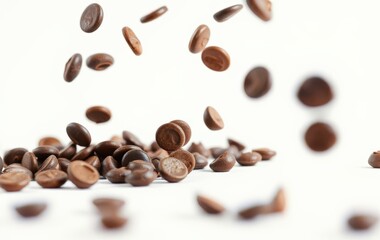 Naklejka premium Falling Chocolate Coffee Beans on a White Background for Gourmet Products