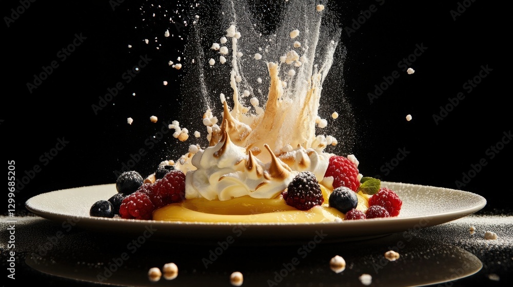 Poster lemon pie with meringue and berries exploding with powdered sugar on a white plate with a black back
