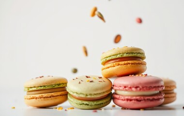 Fototapeta premium Colorful Macarons with Sprinkles Falling - Delicious Dessert for Events