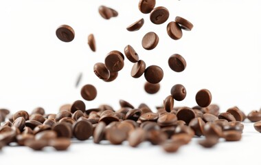 Obraz premium Falling Chocolate Coffee Beans on White Background for Delicious Desserts