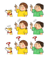 指差す子供と犬(笑顔、気付く、疑問)