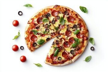 Pepperoni pizza indulgence with fresh basil aroma culinary delight on a light surface flat lay