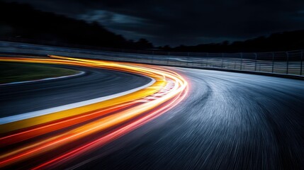 Colorful Streaks of Light on a Racing Track at Night