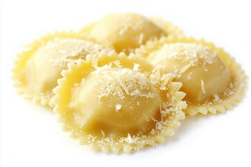 Golden ravioli pasta on white background featuring traditional filling and grated parmesan topping culinary masterpiece