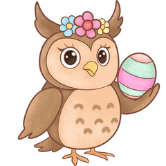 A owl wearing a flower crown, holding a beautifully colored Easter egg, painted with a watercolor texture.