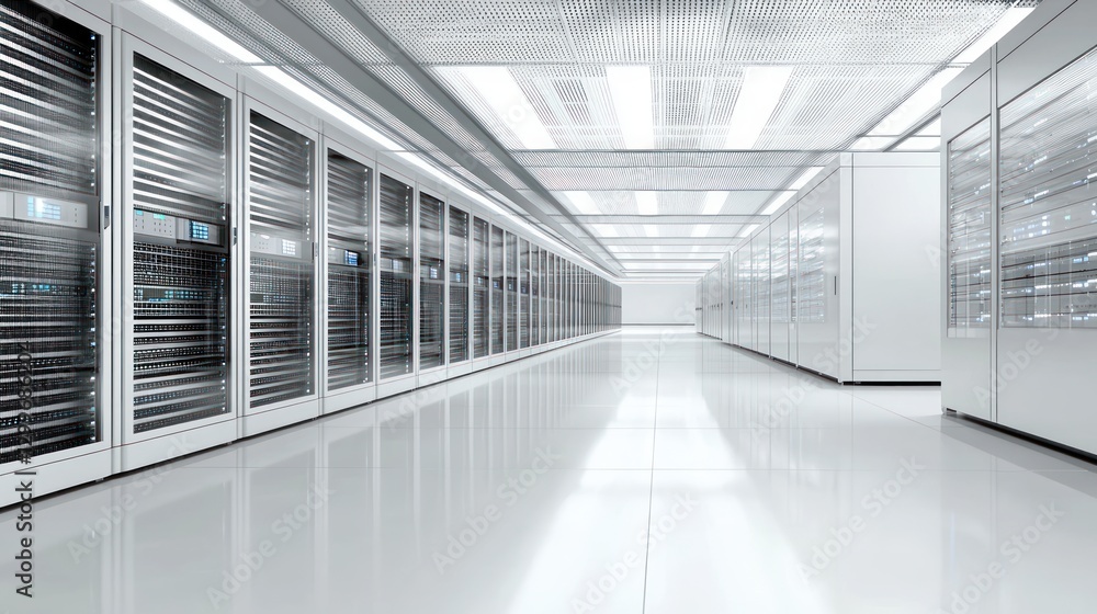 Poster clean data center with modern servers offering high performance information technology infrastructur