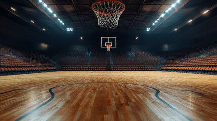 An empty professional basketball court, showing the detailed floor markings, hoops with nets, and rows of seats waiting for fans. 