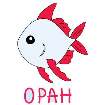 floating opah with red fins side view with colorful text below hand written