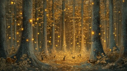 An enchanted pine forest at dusk, where the trees have shimmering golden leaves, and small woodland creatures peek from behind the trunks.