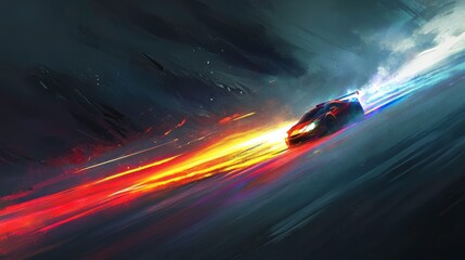 Obraz premium Dynamic Race Scene with Colorful Headlights at Night