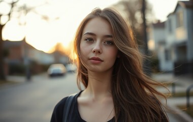 Fototapeta premium Tranquil Portrait of a Young Woman at Sunset in Urban Environment