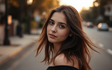 Obraz premium Portrait of a Young Woman with Long Hair Walking on a Street at Sunset