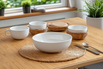 Minimalist table setting with white tableware on bamboo surface neutral tones in a cozy home decor