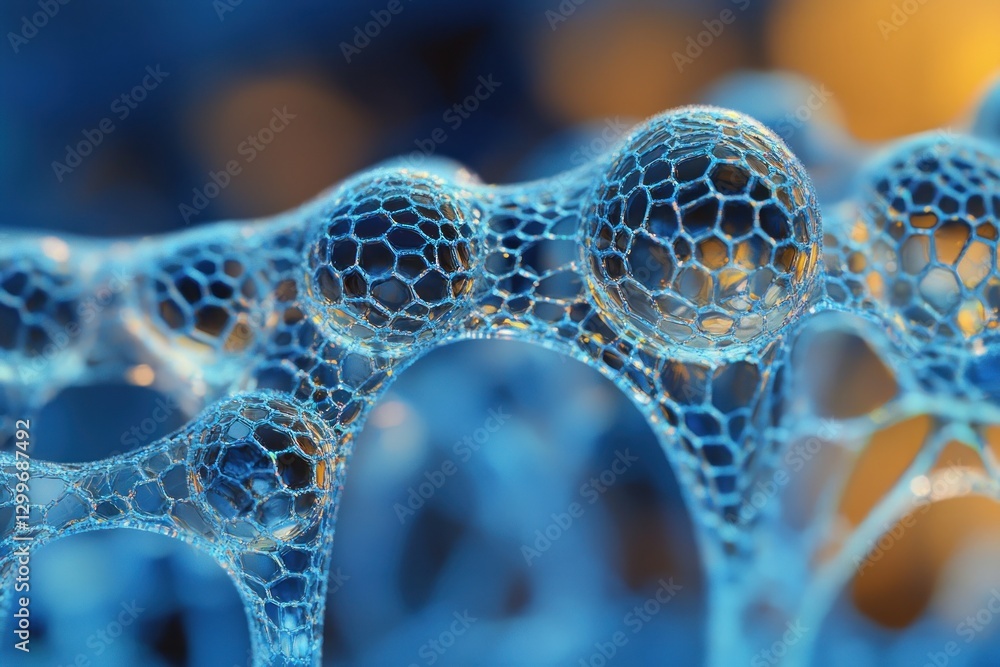 Poster abstract spheres connected by a network structure with light blue tones and a captivating futuristic