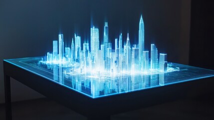 Futuristic Cityscape Hologram Projection on Tabletop Glowing Blue Abstract Urban Planning Concept