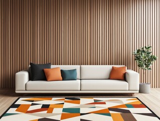 Bright and airy living room featuring a white sofa and a vibrant colorful rug with decorative elements