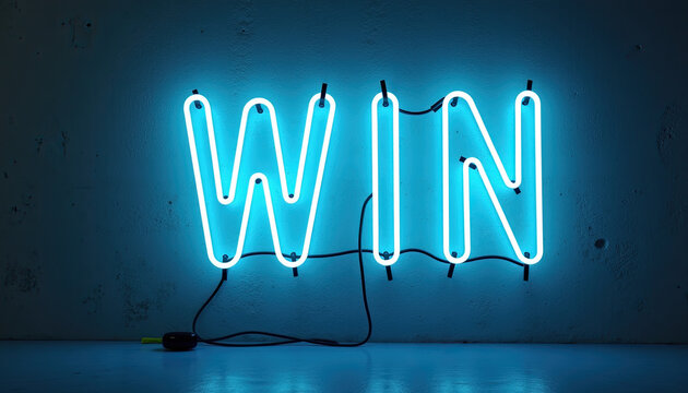 Blue neon WIN sign for casino websites, gaming blogs, victory announcements