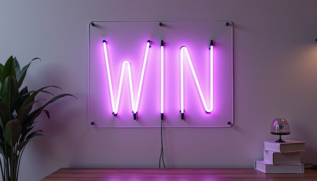 Purple neon WIN sign for casino websites, gaming blogs, achievement graphics