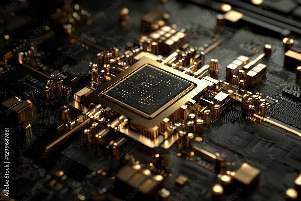Poster intricate technology golden processor board abstract arrangement with precision electronic component