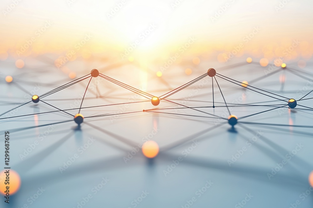 Poster interconnected network illustration featuring nodes connected by lines and glowing sunset background