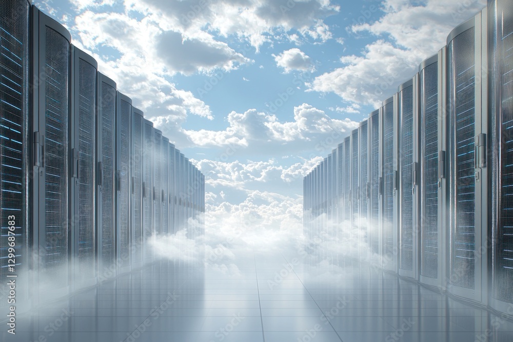 Poster data center server farm against backdrop of blue sky and fluffy clouds for cloud computing concept