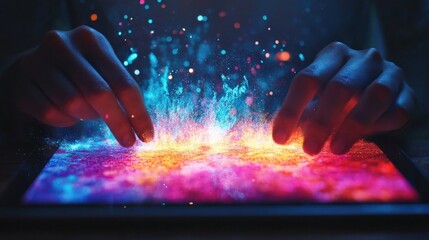 Hands interacting with a tablet, generating a vibrant explosion of colorful particles and light, symbolizing digital art, creativity, and innovation