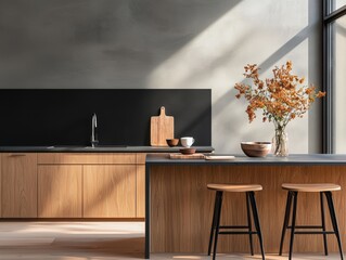 Modern kitchen featuring a stylish table and stools perfect for casual dining and family gatherings