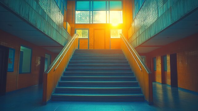 Sunlit school hallway stairs, education hope