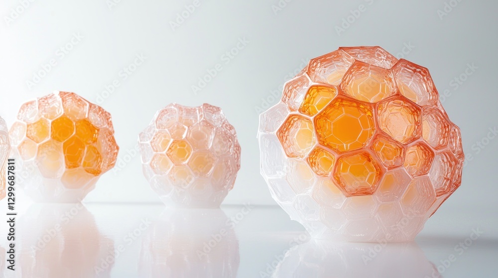 Poster abstract composition of orange gradient spheres with hexagonal facets on white reflective surface