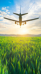 Airplane Landing Over Green Field at Sunset