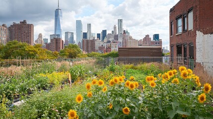 Fototapeta premium Rooftop garden with sunflowers and city skyline view.