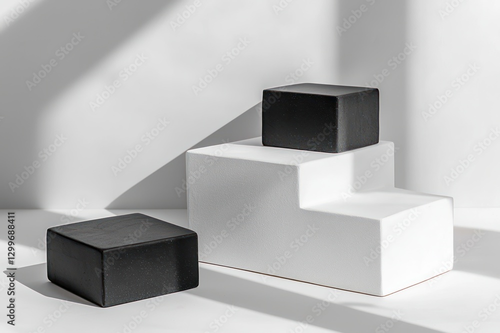 Aufkleber geometric tableau with black cubes against white staggered platform creating depth and strong shadow