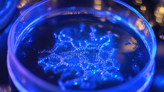 Bioluminescent Escherichia coli flagellum symphony installation, ultra-detailed macro photography of microbial quorum sensing, nanoscale whip-like structures emitting pulsating light waves