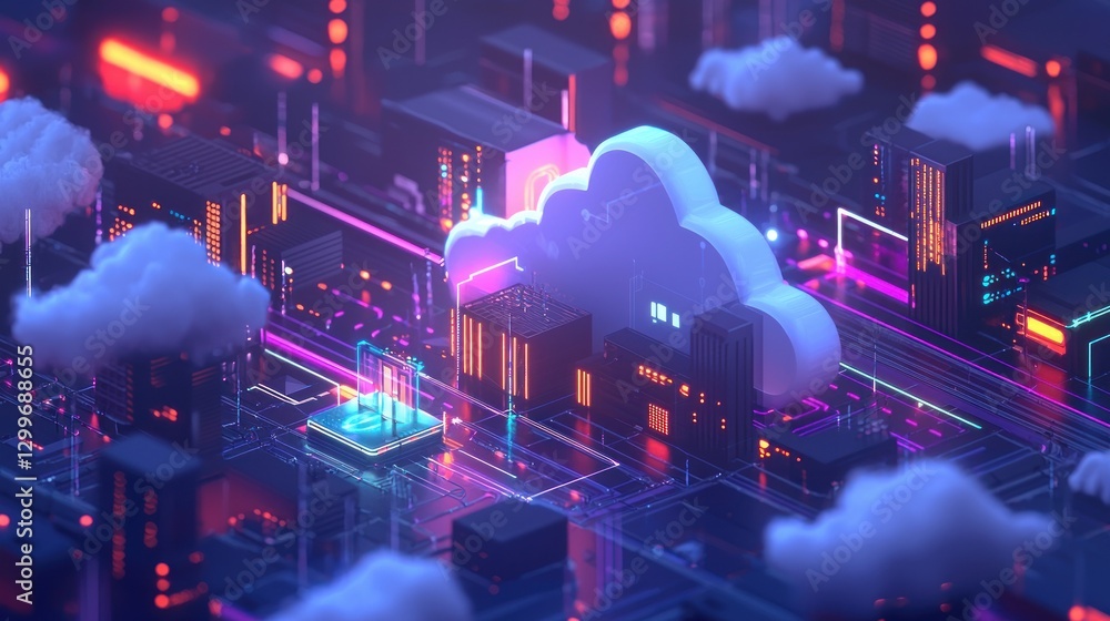 Poster futuristic cloud computing data processing landscape with neon lights and abstract buildings digital